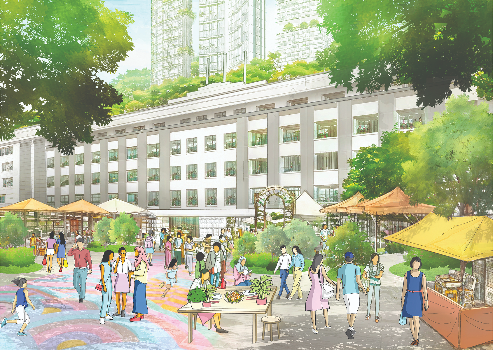 Drawing of an urban park scene with a large building, trees, people, and vendor stalls.